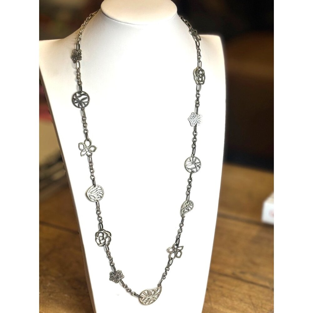 Silver Tone Long Necklace With Floral & Leaf Charms By Kole